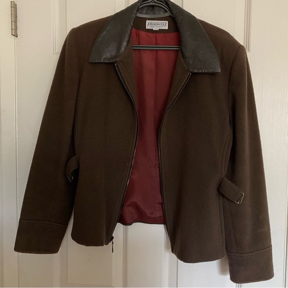 Vintage Jordan & Cole brown wool jacket with black leather collar